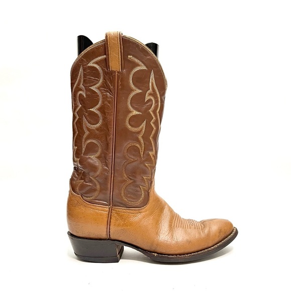 Vintage 1990s men’s two tone brown leather western style mid calf cowboy boots